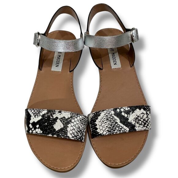 Steve Madden Donddi Silver Black & White Synthetic Snakeskin Sandals Size 6.5 M - Picture 1 of 12